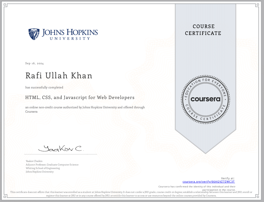 HTML, CSS, and JavaScript for Web Developers certificate