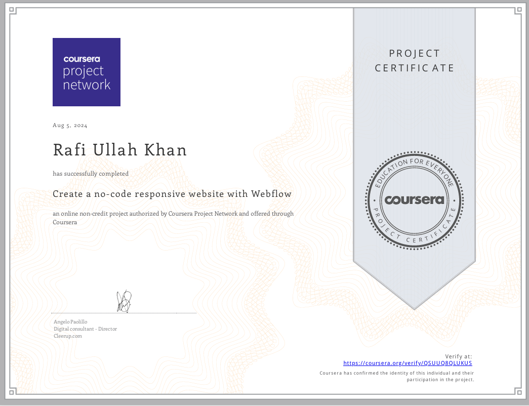 Create a No-Code Responsive Website with Webflow certificate